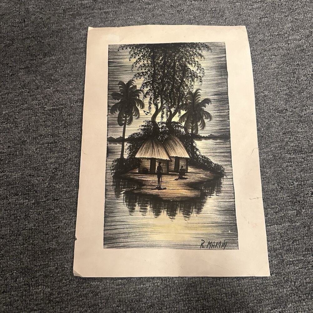 Vintage Native African Ink Folk Art Painting Artist Signed R. Martin 15” X 10”